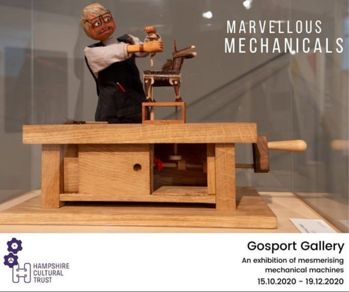 I was pleased to be in automata form with an exhibition from Cabaret Mechanical Theatre at the Gosport Gallery exhibition. This piece is me making an automata  